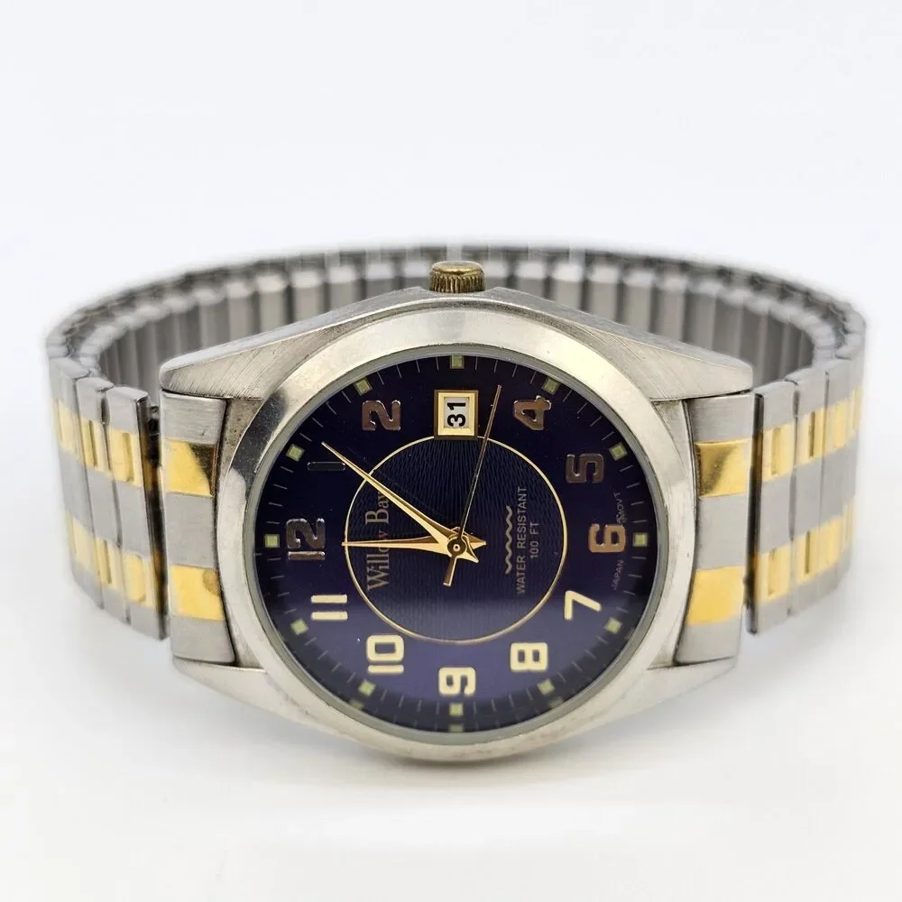 Willow Bay Men's Watch 36MM Blue Dial Date Two Tone Expandable Band‎ New Battery